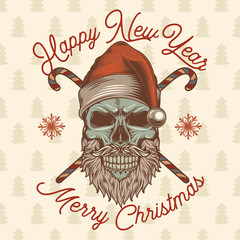 Christmas emblem. Skull Santa Claus vintage style. Vector illustration.