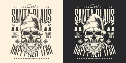 Christmas emblem in black and white background. Skull of Santa Claus in vintage style. Vector illustration.
