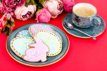 Easter homemade gingerbread on red background