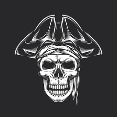 Skull in pirate vintage style. Monochrome vector illustration.