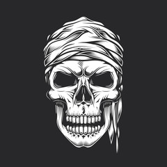 Skull in pirate vintage style. Monochrome vector illustration.