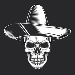 Skull in Mexican vintage style. Monochrome vector illustration.