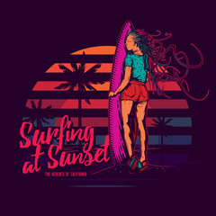 Girl surfer with surfboard in hand. Stained glass vector illustration in neon style. T-shirt design