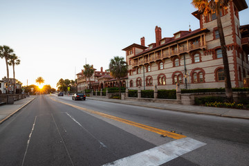 Fototapeta na wymiar St. Augustine, Florida, United States - October 30, 2018: Flagler College in the Downtown City during a vibrant sunny sunset.
