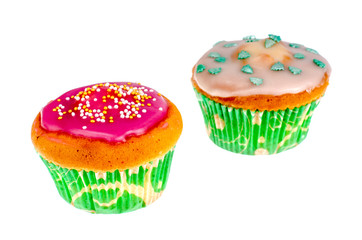 Two homemade mini cupcakes with colored icing