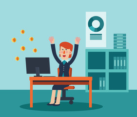 Young, happy woman working in office at computer. Successful businesswoman making money - Vector 