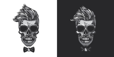 Hipster skull with glasses. Monochrome vector illustration on white and dark background.