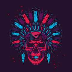 The skeleton leader. Vector illustration of American Indian in neon style. T-shirt or sticker design.