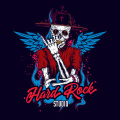 A skeleton in a hat on fire with wings on its back. Bright original vector illustration. The emblem for the music Studio.