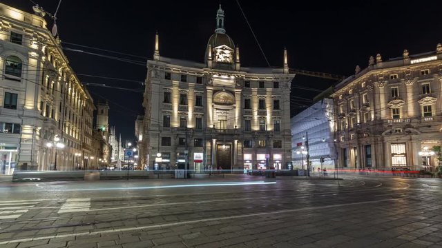 Piazza Cordusio is an important commercial square in the city night timelapse hyperlapse