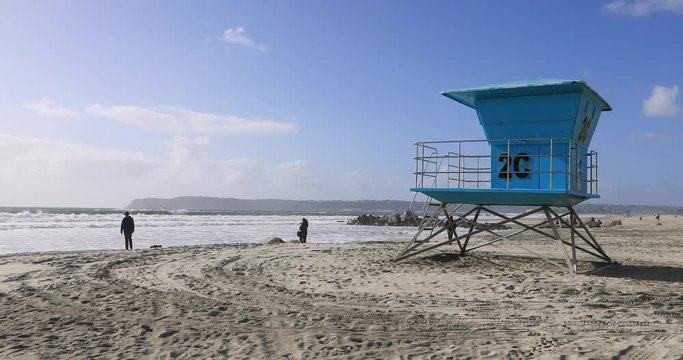 Life guard station on beach Coronado Island California. Near historic beachfront hotel across bay from San Diego, California. Opened in 1888 as largest resort hotel in the world. I