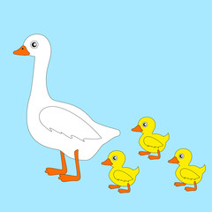 Home white goose and little geese isolated by blue background.