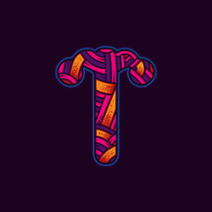 Letter T in the original neon style. Vector design element isolated on dark background.