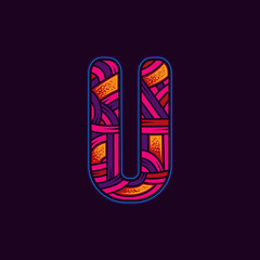 Letter U in the original neon style. Vector design element isolated on dark background.