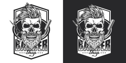Skull Barber with beard and mustache on the background of Barber razor and scissors. Monochrome emblem on white and dark background.