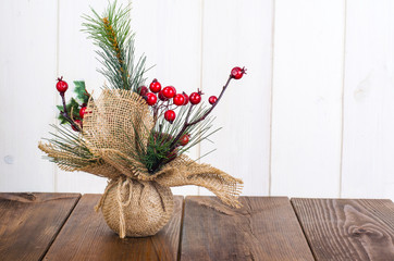 New Year's and Christmas decorations, composition on table, present