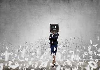 Business woman with old TV instead of head.