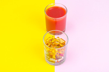 Concept of healthy lifestyle and diet. Fruits, vegetables, juices, pills and vitamin supplements