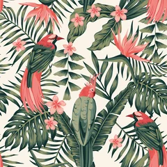 Keuken foto achterwand Tropische bloemen Tropische planten bloemen vogels abstracte kleuren naadloos