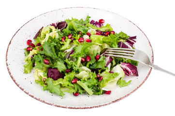 Plate with fresh lettuce leaves isolated on white background