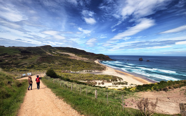 Fototapeta na wymiar A pair of travelers walking down a straight downhill path towards a long stretches of beach in Otago, New Zealand. The scenery is breathtaking. One can enjoy vast ocean, sandy beach, hills and cliff.