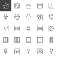 Plug and socket types outline icons set. linear style symbols collection, line signs pack. vector graphics. Set includes icons as Light dimmer switch, wire phone socket, electric connector, usb cable