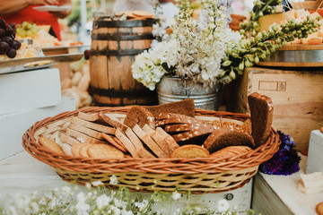 Sliced bread in a basket, artisan homemade bread in a rustic background