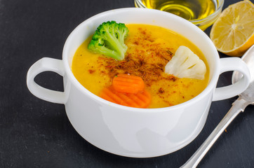 Vegetable soup puree on  black background