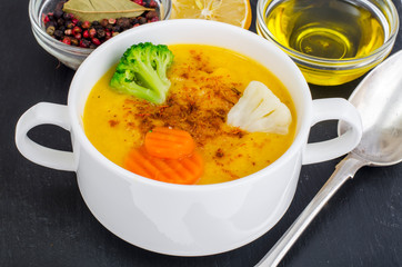 Vegetable soup puree on  black background