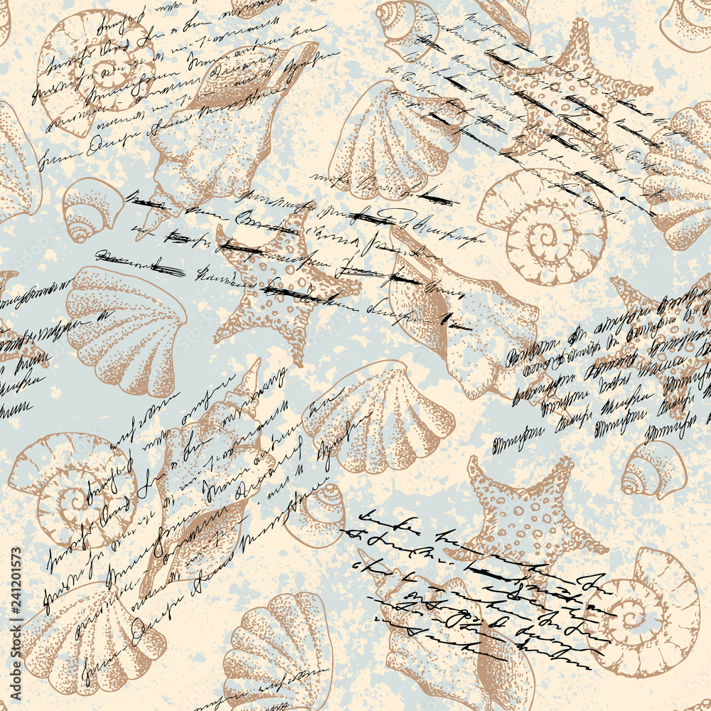 Poster blue waves pattern and hand draw in marine style.