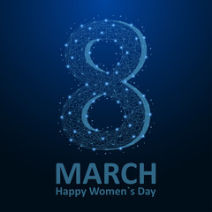 Obraz premium Women`s Day low poly card, 8 March illustration made by points and lines, polygonal wireframe mesh on night sky, dark blue background. Vector.