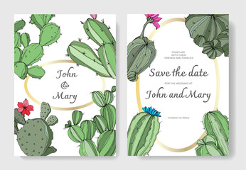 Vector Green cactus floral botanical flower. Engraved ink art. Wedding background card floral decorative border.