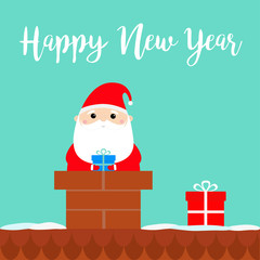 Happy New Year. Santa Claus on the roof chimney. Red hat, costume, beard, belt buckle, bag, gift box. Merry Christmas. Cute cartoon kawaii funny character. Blue background. Flat design.