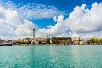 Greece, Zakynthos, Famous church and cityscape of zakynthos city from water