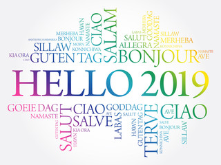 Fototapeta premium Hello 2019 word cloud in different languages of the world, background concept