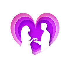 Obraz na płótnie Canvas Love paper cut style. Origami white silhouette couple. Valentines day, sweet heart. Lovely girl and boy. Heart layered frame. Purple.