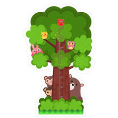 Kids height chart with tree and cute animal system, Meter wall or height meter from 50 to 120 centimetre , Vector illustration 