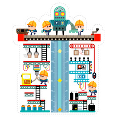 Obraz premium Kids height chart with maker robot in the factory, Meter wall or height meter from 50 to 120 centimetre , Vector illustration