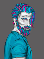Original vector illustration, man with fashionable hairstyle. Hipster. Print on a t-shirt or sticker. Bearded man.
