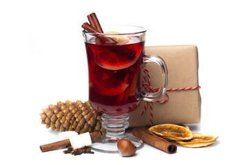 mulled wine with spices isolated on white background. Winter alcoholic cocktail. Christmas drink.