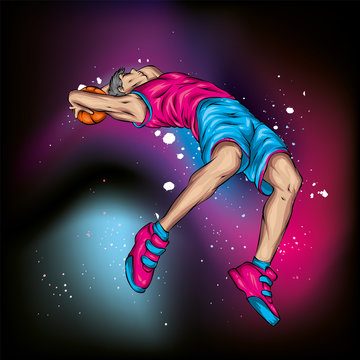 Basketball player jumping with the ball. A guy or a man in shorts and a t-shirt. Sport and basketball. Vector illustration.