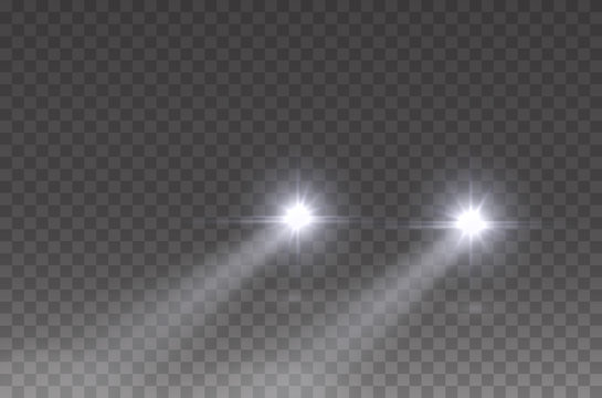 Cars headlight effect. Realistic white round flares beams isolated on transparent background. Vector bright train lights for your design.