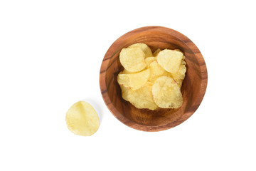 Top view of bowl with potato chips isolated on white