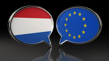 Netherlands and Ukraine flags with Speech Bubbles. 3D illustration