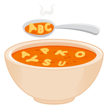 Bowl Of Alphabet Pasta Soup And Spoon. Vector Illustration.