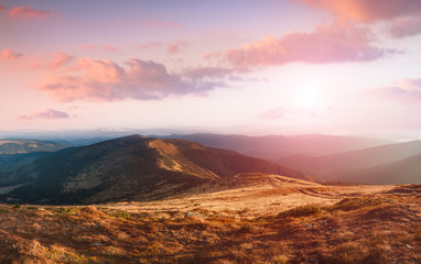Amazing landscape in the mountains at sunrise. Concept of the awakening wildlife, romance,emotional experience in your soul, joy in mundane life.