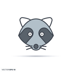 Cute raccoon color filled line icon vector