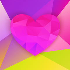 polygonal heart on colorful bright background, Valentine card. Vector illustration, great design element for brochure, banner, cover, booklet, flyer, UI, card, poster