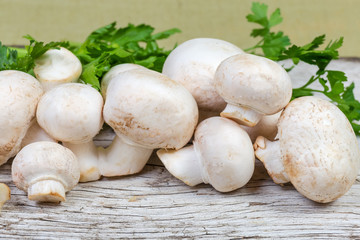 Uncooked button mushrooms against of parsley on old wooden surface