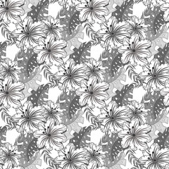 Obraz premium Seamless pattern. Decorated with leaves and flowers. Doodles style. for summer fabric, wrappers, covers. Easy to edit. black and white